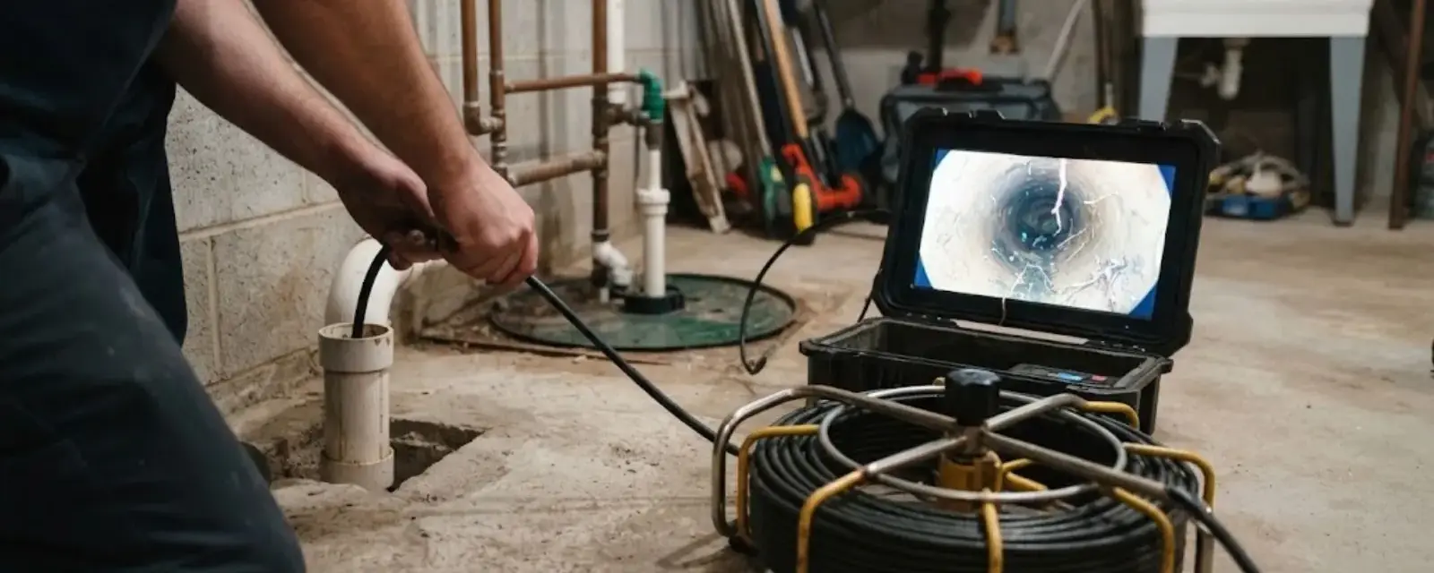 A technician feeds a camera cable into a basement drain with a monitor showing the pipe interior
