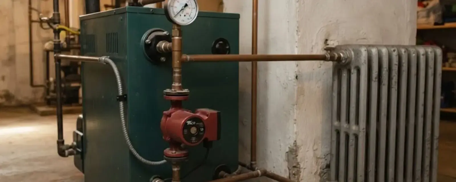 An older cast iron boiler with pressure gauge and piping beside a steam radiator in a basement