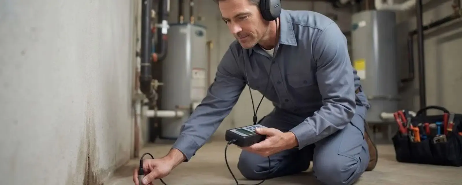 A technician wearing headphones listens for a pipe leak with an acoustic sensor in a basement