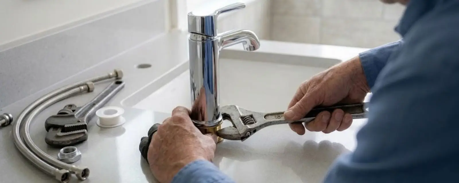 Hands tightening a kitchen faucet with a wrench and braided supply lines