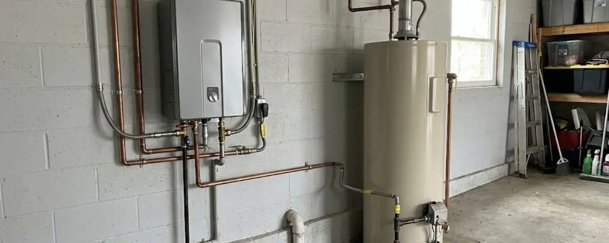 A wall-mounted tankless water heater with copper piping beside a standing tank in a basement