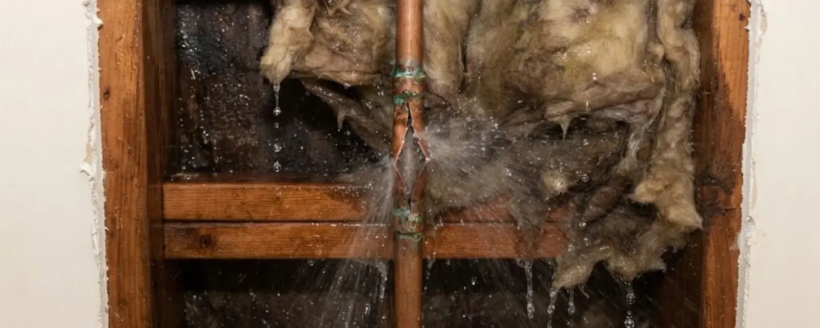 Water spraying from a pipe inside an opened wall cavity