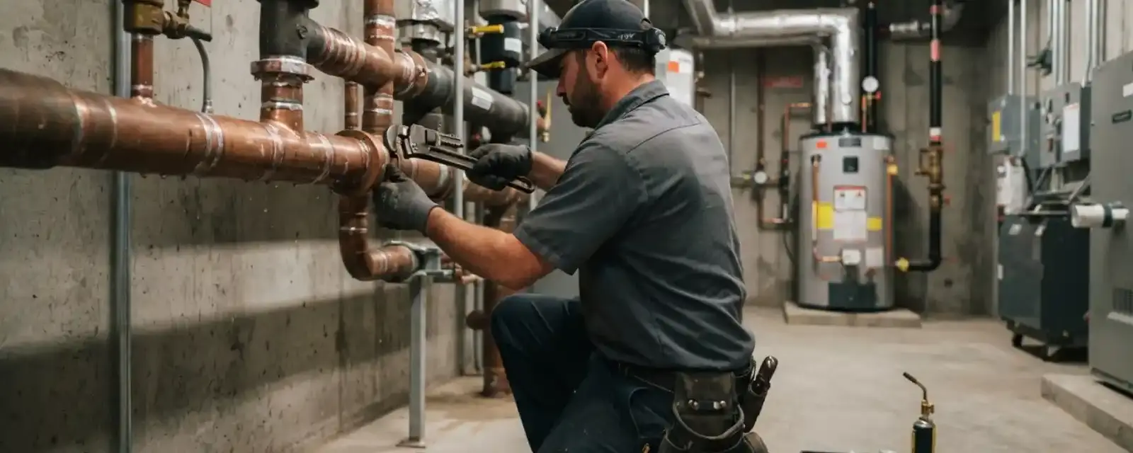 A plumber working on copper piping and a water heater in a commercial utility room