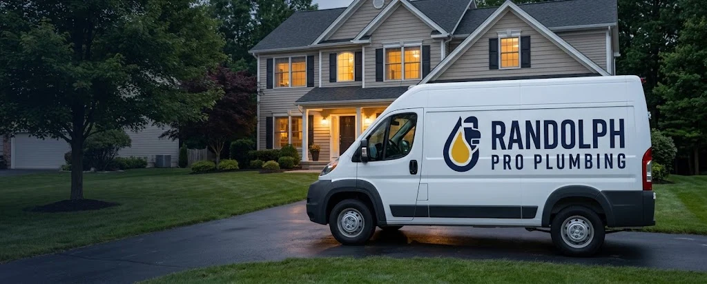 A white Randolph Pro Plumbing service van parked in the driveway of a New Jersey home at dusk