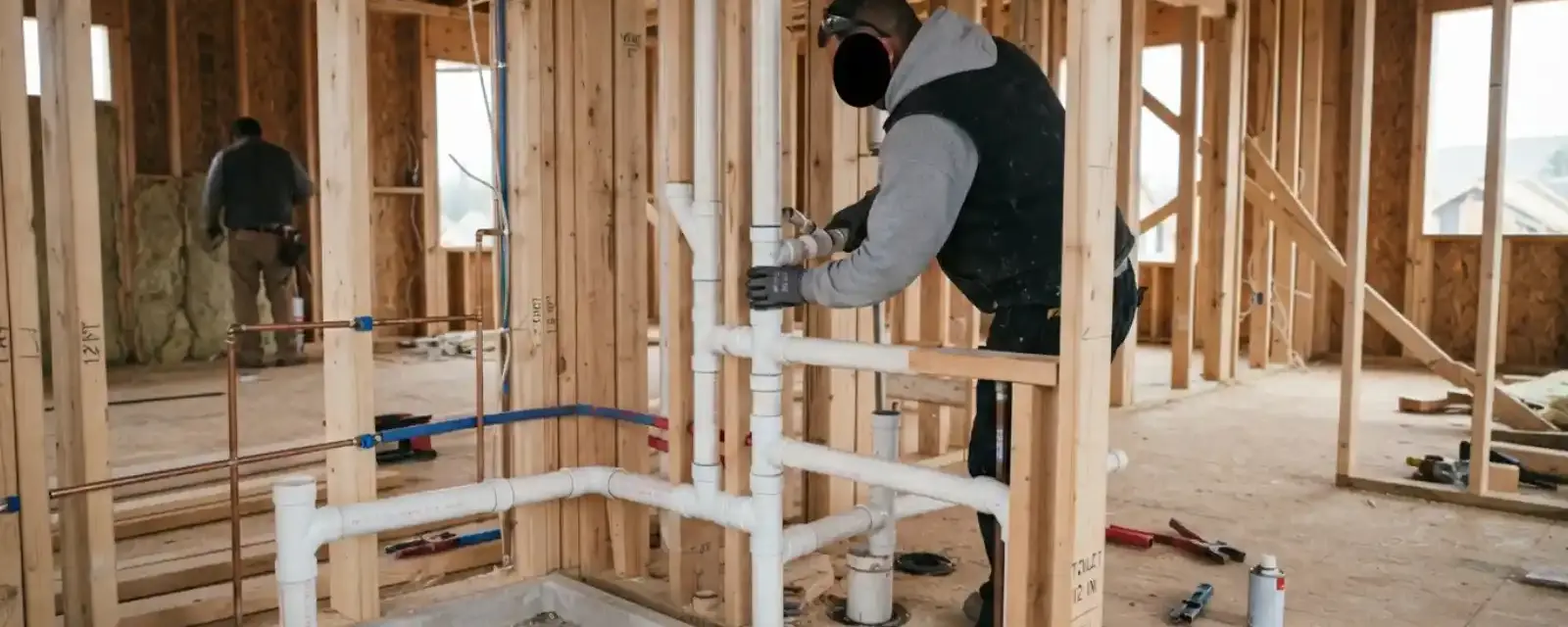 A plumber roughing in white drain piping in a framed bathroom