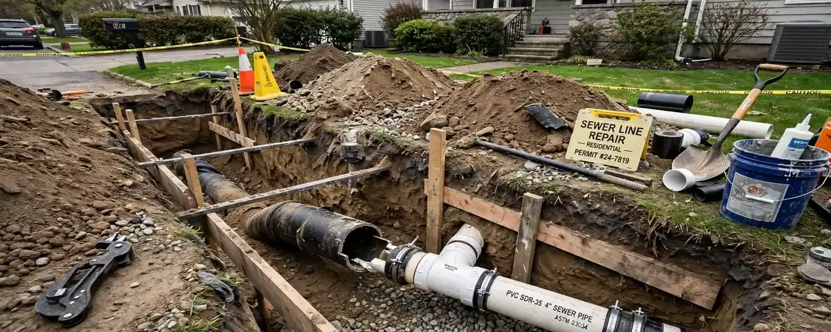 An open trench with white drain pipe being replaced in a residential yard