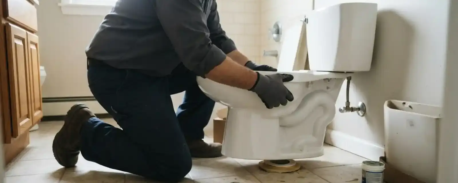A plumber kneeling on a bathroom floor reinstalling a toilet