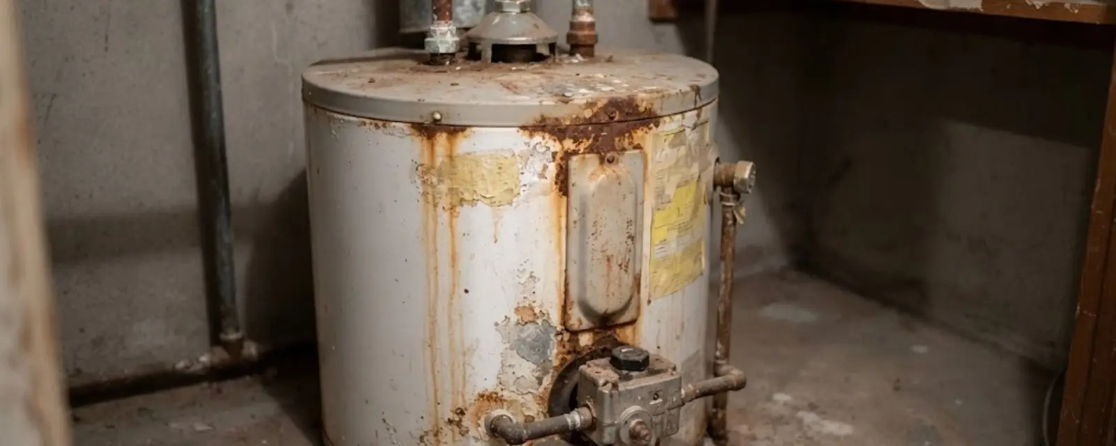 A rusted tank water heater with corroded fittings in a utility room